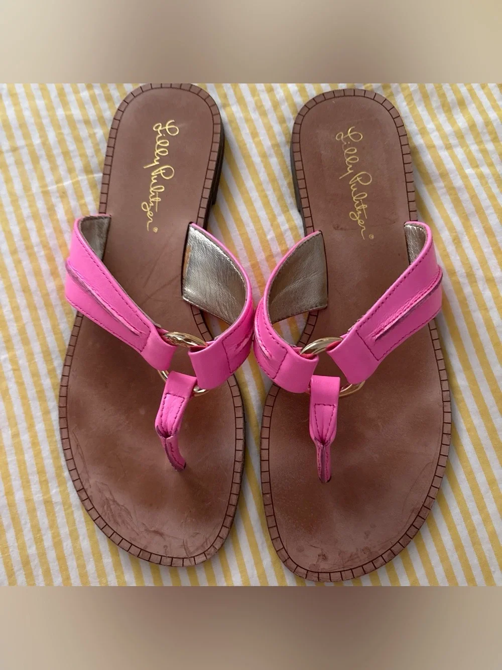 Lilly Pulitzer Hot Pink Leather Thong Sandals with Gold Accent